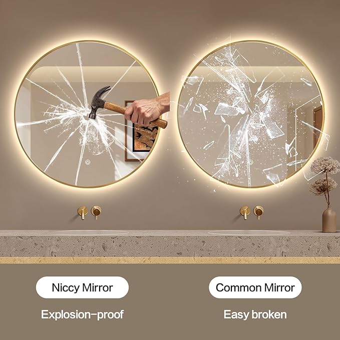 Niccy 32" LED Backlit Round Mirror for Bathroom, Gold Framed Vanity Light Wall Mirror, LED Smart Circle Mirrors with 3 Lighting Colors, Round Lighted Mirror with Anti-Fog, IP65 Waterproof