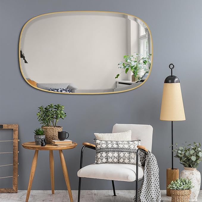 POZINO Brushed Gold Beveled Mirror, 24"x40" Modern Rectangle Mirrors with Stainless Steel Frame, Brass Oblong Vanity Wall Mirror for Bathroom Living Room Entryway, Hangs Vertically or Horizontally