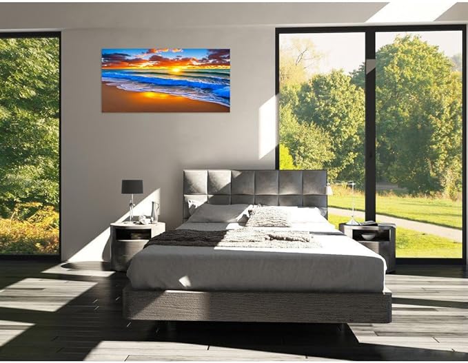 TutuBeer 1 Panel Beach Pictures Blue Sea White Beach at Sunrise Picture Print on Canvas Ocean Pictures Wall Decor Ocean Canvas Art Seascape Wall Art Stretched and Framed 8x16 inch