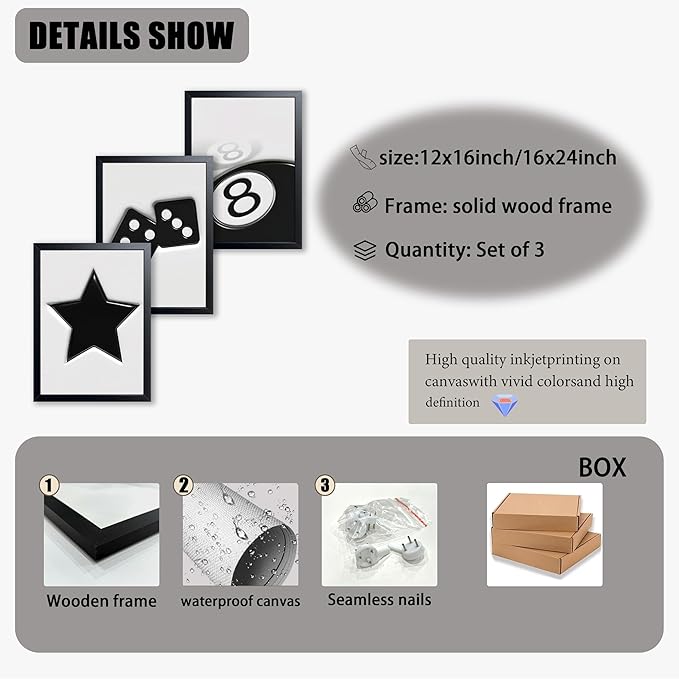 Black And White Wall Art Set of 3, Vintage Y2k Dice 8 Ball Canvas Prints Painting, Funky Lucky Preppy Posters Pictures For Game Room Apartment Dorm Teenager Room Wall Decor 12x16 Inch Framed