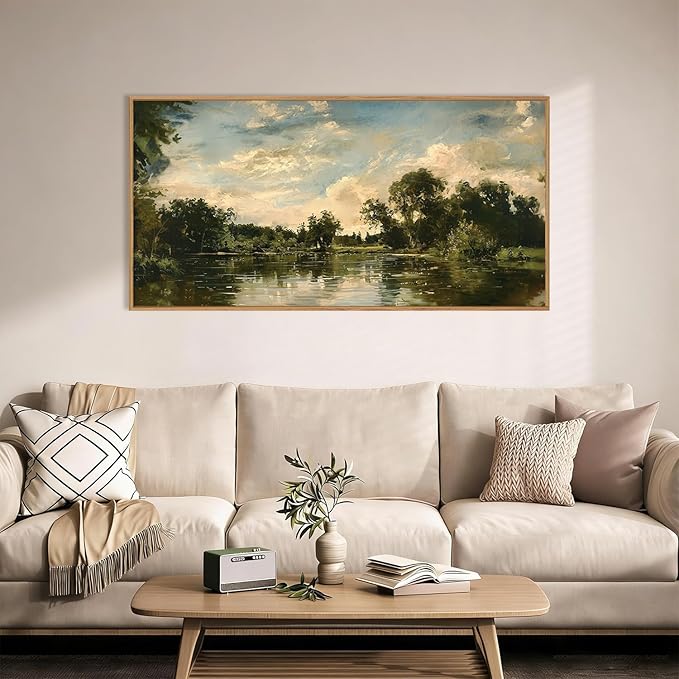Aryroi Vintage Landscape Framed Canvas Wall Art Set,Rustic Natural Green Trees and Lake Wall Decor,Classic Nature Scenic French Country Forest Artwork for Living Room,Bedroom,Farmhouse-40 x20 x1