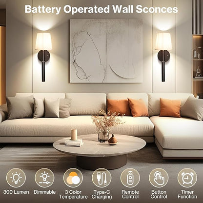 Battery Operated Wall Sconce Set of 2, 5200mAh Wireless Wall Lights with Detachable Charging Stick & Dimmable Bulbs, 3 Colors Rechargeable Wall Lamps for Bedroom Living Room Hallway Decor, Black