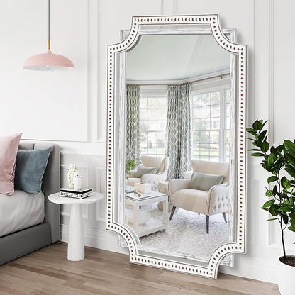 30x47 Inch Rustic Farmhouse Bathroom Mirrors for Over Sink, Large Boho Decorative Wall Mirror Wooden for Living Room, Entryway, Fireplace Mantel & Hallway - Horizontal or Vertical Hanging