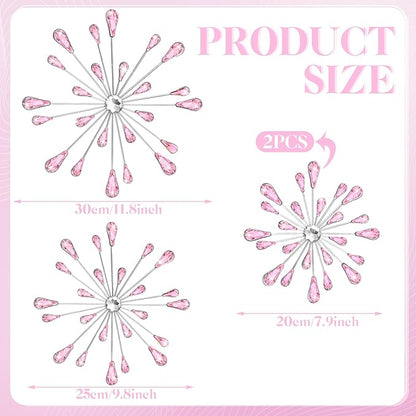 Hicarer 4 Pcs Starburst Wall Decor Bling Wall Art Crystal Teardrop 3D Hanging Rhinestone Radial Metal Artwork Modern Accent Sculptures Decorations for Living Room Home Office Bedroom(Pink)