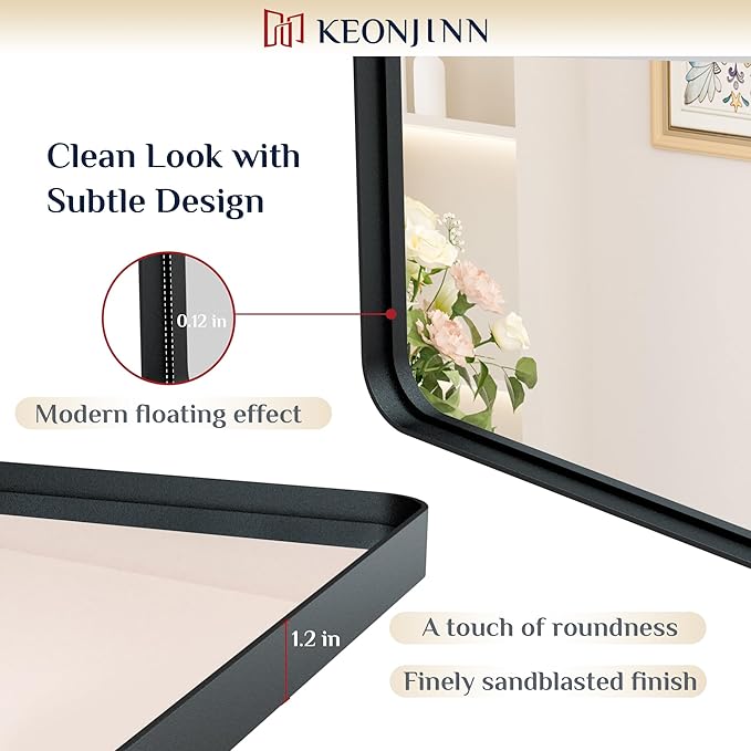 Keonjinn Black Vanity Mirror, 40 x 24 Inch Rounded Rectangle Matte Black Bathroom Mirrors for Over Sink, Anti- Rust Farmhouse Mirror with Seamless Metal Frame, HD Tempered Glass, Sandblasted Finish