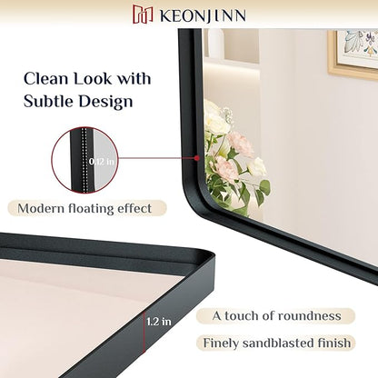 Keonjinn Black Bathroom Mirrors for Over Sink, 60 x 36 Inch Large Matte Black Mirror for Vanity, Rounded Rectangle Sandblasted Finish Farmhouse Mirror, HD Tempered Glass Modern Decorative Mirror