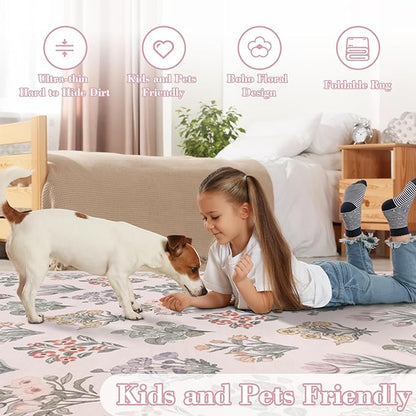 Wonnitar 8x10 Washable Rug, Pink Rugs for Girls Bedroom Decor, Boho Ultra-Thin Non Slip Soft Moroccan Floral Large Carpet for Living Room Baby Nursery Kids Playroom, Pale Pink