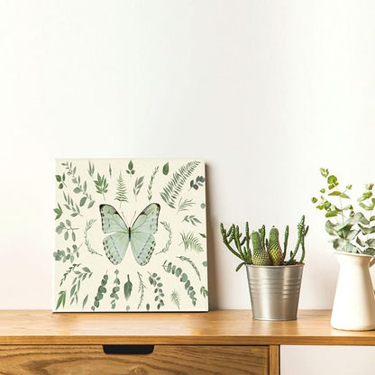LB Green Butterfly Wall Art Watercolor Botanical Eucalyptus Leaves with Butterfly Canvas Wall Art Modern Aesthetic Art Decor for Living Room Bedroom Bathroom Framed Ready to Hang 12L x 12W Inch
