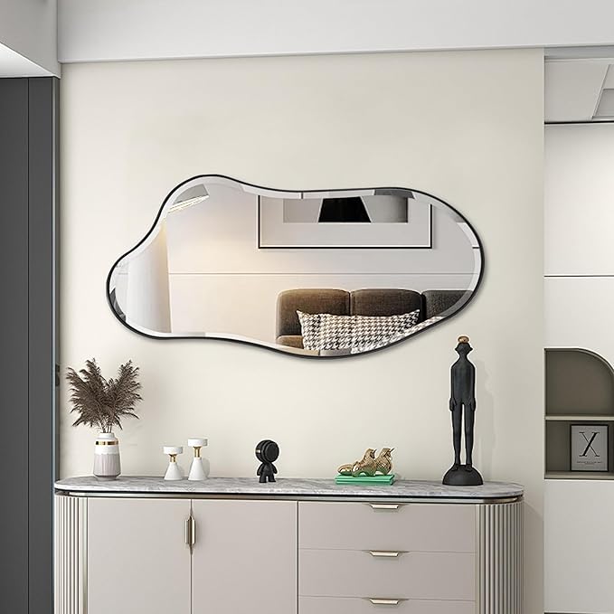 POZINO Irregular Beveled Mirror, 40"x20" Premium Asymmetrical Wall Mirror with Metal Frame, Modern Organic Shaped Mirrors for Living Room Bathroom Bedroom Hallway Entryway, Horizontal/Vertical Hanging