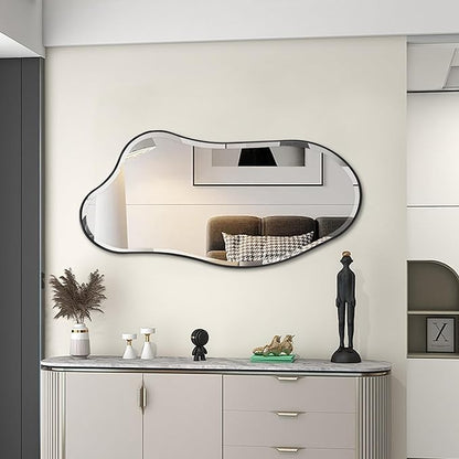 POZINO Irregular Beveled Mirror, 40"x20" Premium Asymmetrical Wall Mirror with Metal Frame, Modern Organic Shaped Mirrors for Living Room Bathroom Bedroom Hallway Entryway, Horizontal/Vertical Hanging