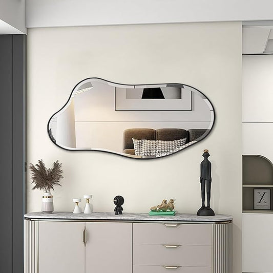 POZINO Irregular Beveled Mirror, 40"x20" Premium Asymmetrical Wall Mirror with Metal Frame, Modern Organic Shaped Mirrors for Living Room Bathroom Bedroom Hallway Entryway, Horizontal/Vertical Hanging