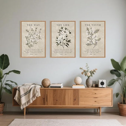 DRACIT Vintage The Way The Truth The Life Framed Canvas Wall Art Set,Boho Floral Christian Scripture Wall Decor,Religious Botanical Psalm Verse Artwork for Living Room,Bedroom,Prayer Room-24"x36"x3