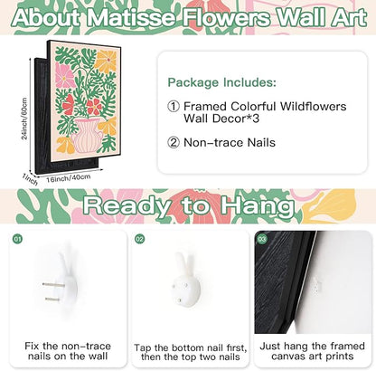 CHDITB Matisse Flowers Vase Framed Canvas Wall Art(16"x24"), 3 Panels Colorful Boho Florals Botanical Plants Artwork Printings, Large Scandinavian Gallery Decor Painting for Bedroom Dining Room Office