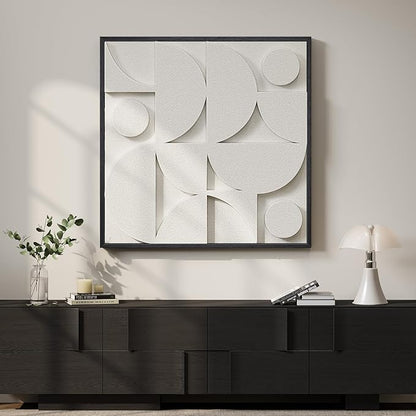 Large 3D Textured Framed White Abstract Wall Art for Living Room, Modern Geometric Sandstone Texture Paintings Artwork for Walls, White Minimalist Pictures for Bedroom Hallway Wall Decor 30x30 In