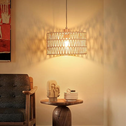 Qingmiao Boho Plug in Pendant Light, Rattan Hanging Lamp Plug in with Woven Shade, 3-Way Dimmable Hanging Light Fixture for Living Room Bedroom Kitchen Ceiling Home Decor