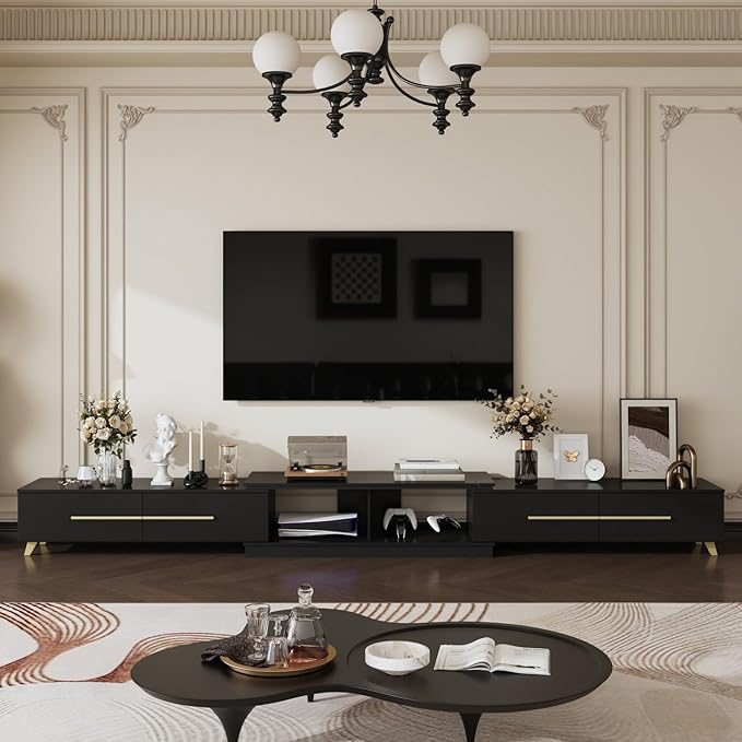 Modern TV Console Extendable Media Console, Adjustable Length, Contemporary Entertainment Center with Drawers and Legs, for Living Room Black and Gold (95”-133.9”W x 15.2”D x 13.1”H)