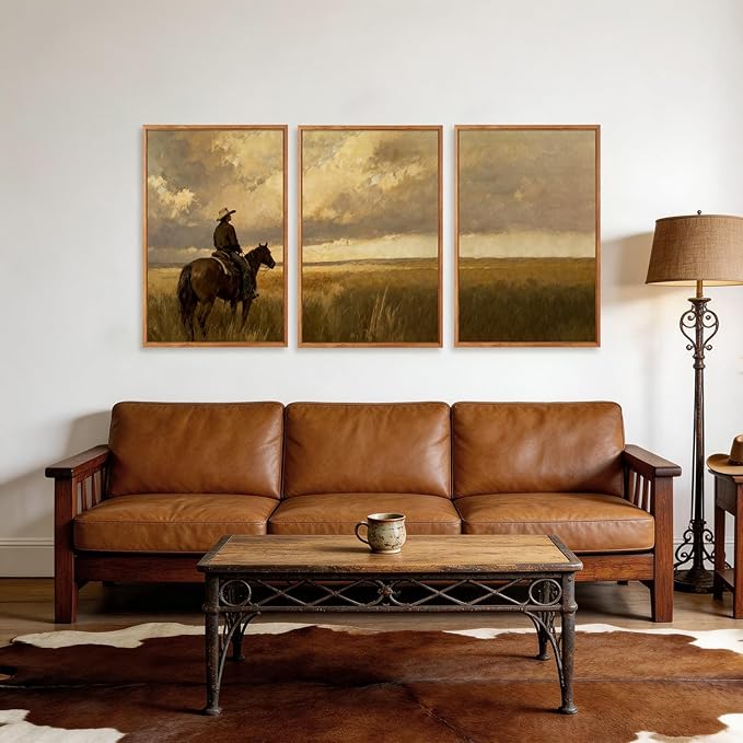 Aurlan Western Cowboy Framed Wall Art(24"x36"), 3PCS Vintage Neutral Southwestern Horse Riding Canvas Artwork, Mid Century Modern Ranch Gobi Desert Landscape Decor for Man Cave Bedroom