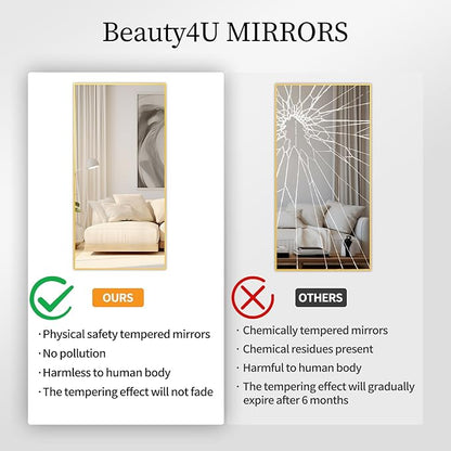 Beauty4U 65" x 24" Full Length Mirror with Stand, Gold Wall Mounting Full Body Mirror, Metal Frame Full-Length Tempered Mirror for Living Room, Bedroom