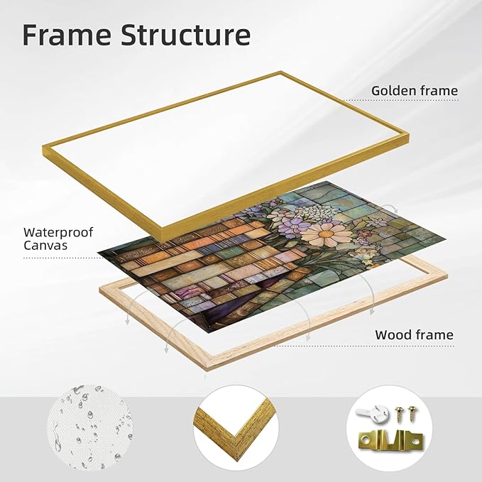 Large Gold Framed Stained Glass Books Wildflower Canvas Poster Print Vintage Floral Library Wall Art Trendy Flower Artwork Mid-century Botanical Book Stack Painting Pictures Wall Decor 24x36inch