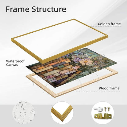 Large Gold Framed Stained Glass Books Wildflower Canvas Poster Print Vintage Floral Library Wall Art Trendy Flower Artwork Mid-century Botanical Book Stack Painting Pictures Wall Decor 24x36inch