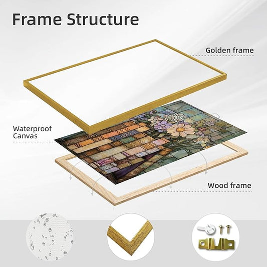 Large Gold Framed Stained Glass Books Wildflower Canvas Poster Print Vintage Floral Library Wall Art Trendy Flower Artwork Mid-century Botanical Book Stack Painting Pictures Wall Decor 24x36inch