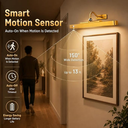 16" Gold Picture Light for Wall, Battery Operated Rechargeable Art Light with 6000mAh Battery, Motion Sensor, Remote, 3CCT Dimmable Cordless Painting Light for Artwork, Gallery, Hallway, 2 Pack