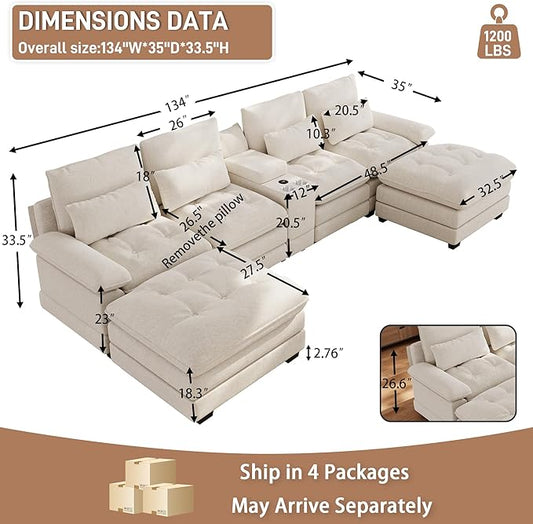 134"U Shaped Sectional Couches for Living Room, Oversized Modular Sectional Fluffy Couch with 2 Ottoman & Storage Console,Modern 6 Seat Living Room Sofa with Glitter Fabric,Tufted Buttons, Beige