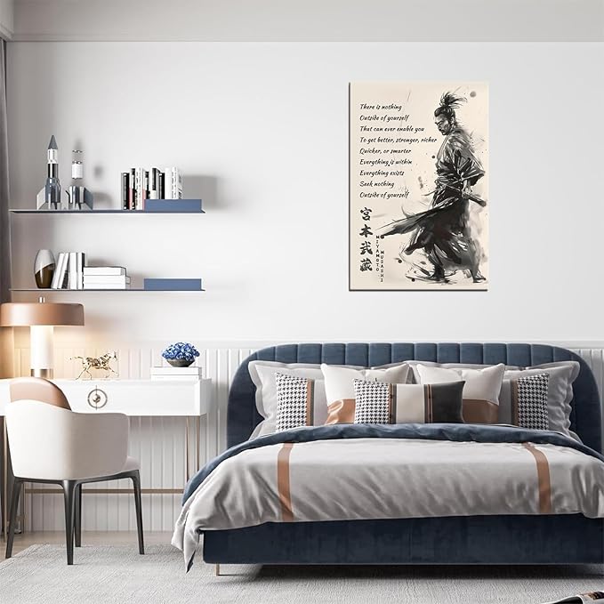 Japanese Samurai Wall Art Miyamoto Musashi Canvas Prints Vintage Japanese Artwork Motivational Poster Inspirational Quotes Painting for Men Bedroom Living Room Office (24''W x 36''H)