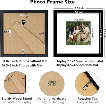 JCJMY 10 Packs 8x8 Picture Frames, Display 5x5 with Mat or 8x8 without Mat, Square 8 by 8 Frames Bulk Set of 10 Collage Wall Decor Photo Frames Set for Wall and Tabletop, Black