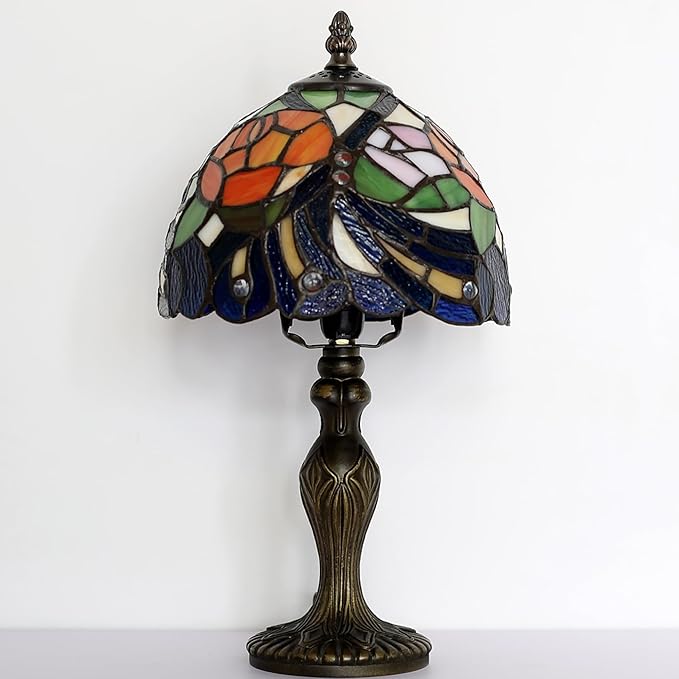 Tiffany Style Lamp Stained Glass Table Lamp 8" x 14.5" Mini Accent Light Pink Red Rose Feather Design Small Decorative Bedside Bedroom Living Room Memory Lamp