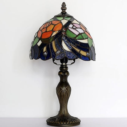 Tiffany Style Lamp Stained Glass Table Lamp 8" x 14.5" Mini Accent Light Pink Red Rose Feather Design Small Decorative Bedside Bedroom Living Room Memory Lamp