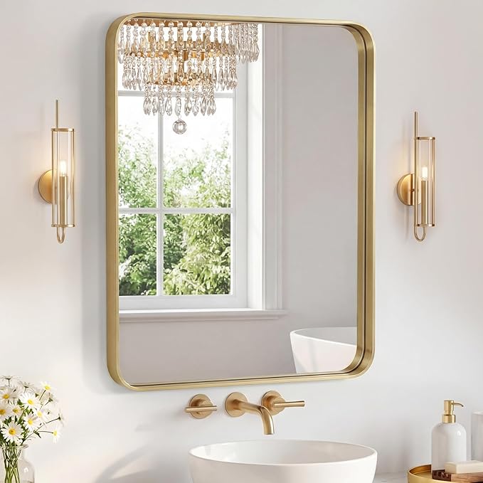 NEWBULIG 28X36 Inch Bathroom Mirror for Over Sink, Wall Vanity Mirrors Tempered Glass, Anti-Rust Metal Framed Rounded Rectangle, Hangs Horizontally or Vertically, Farmhouse Home Decor, Gold