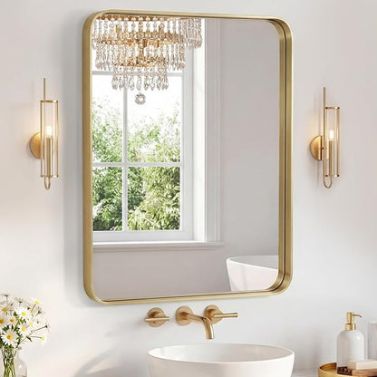 NEWBULIG 28X36 Inch Bathroom Mirror for Over Sink, Wall Vanity Mirrors Tempered Glass, Anti-Rust Metal Framed Rounded Rectangle, Hangs Horizontally or Vertically, Farmhouse Home Decor, Gold