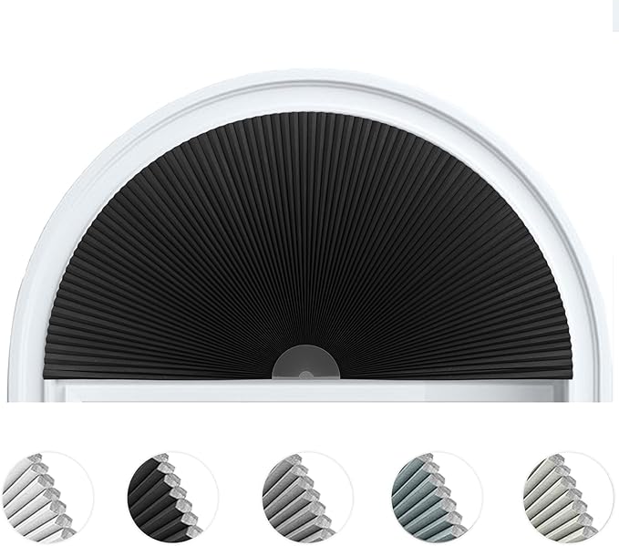 Arch Window Shade Blackout Cellular Shades Half Circle Moon Window Covering No Drill Honeycomb Cordless Blinds for Indoor Window Room Darkening Easy Install Light Blocking Blinds (1, Black, 48x24inch)