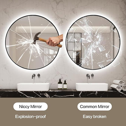 Niccy 24" LED Backlit Round Mirror for Bathroom, Black Framed Vanity Light Wall Mirror, LED Smart Circle Mirrors with 3 Lighting Colors, Round Lighted Mirror with Anti-Fog, IP65 Waterproof
