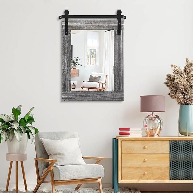 AAZZKANG Wall Mirror Large Rectangle Barn Door Mirrors with Wooden Framed Rustic for Bedroom Bathroom Living Room 26"x18"