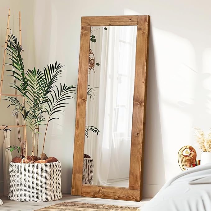 Full Length Mirror 65"x24" – Solid Wood Frame, HD Tempered Glass, Wall Mounted & Leaning, Rustic Modern Decor for Bedroom, Living Room, Entryway, Light Brown