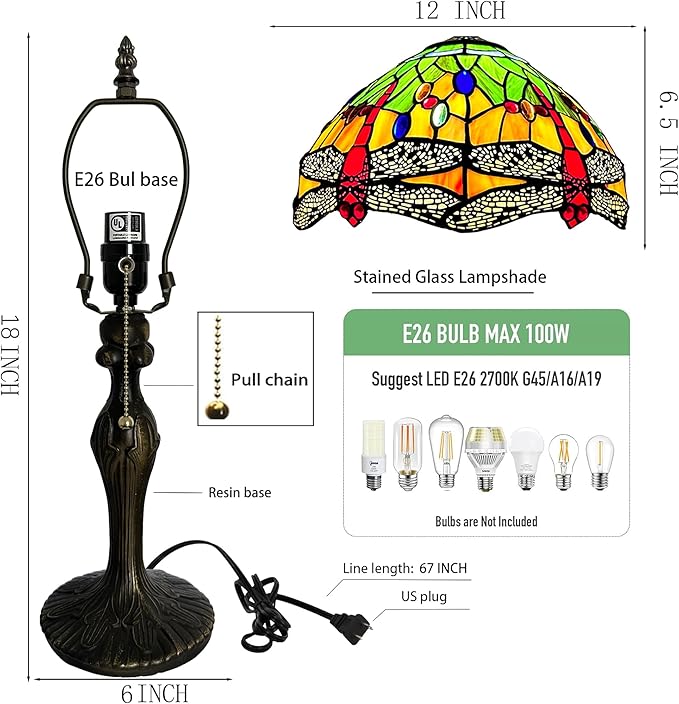 Tiffany Table Stained Glass Table Lamp 12 x 19” Bedside Reading Lamp Yellow Dragonfly Style Decorative Lamp for Desk Living Room Bedroom Office Study Light Decor Gift