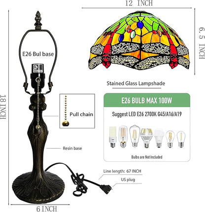 Tiffany Table Stained Glass Table Lamp 12 x 19” Bedside Reading Lamp Yellow Dragonfly Style Decorative Lamp for Desk Living Room Bedroom Office Study Light Decor Gift