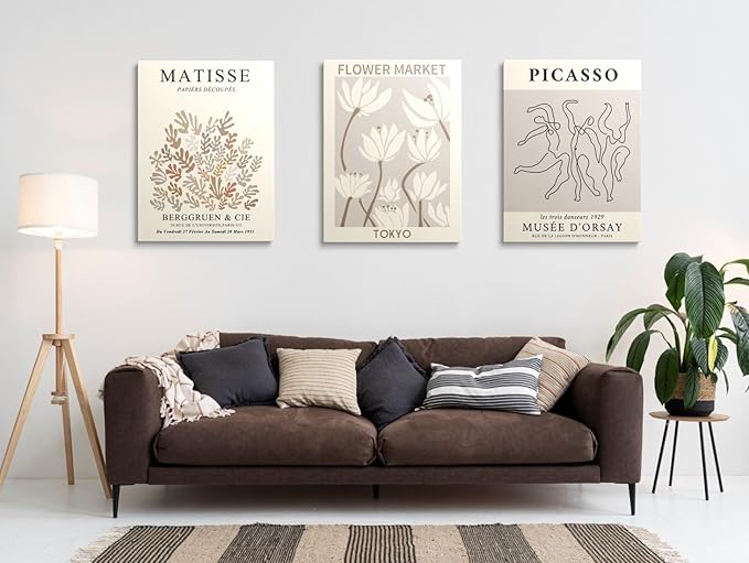 MINI ZOZI Matisse Wall Art Framed Flower Market Prints 12x16 3PCS Picasso Wall Decor Large Canvas Beige Posters Trendy Funky Aesthetic Abstract Line Minimalist Poster Danish Pastel Painting Bedroom Printing Neutral