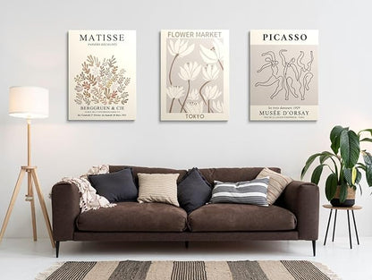 MINI ZOZI Matisse Wall Art Framed Flower Market Prints 12x16 3PCS Picasso Wall Decor Large Canvas Beige Posters Trendy Funky Aesthetic Abstract Line Minimalist Poster Danish Pastel Painting Bedroom Printing Neutral