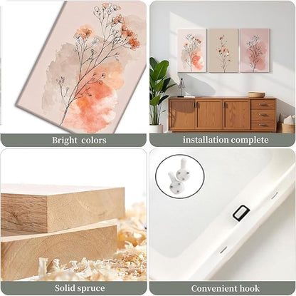 okudolit Boho Vintage Flower Wall Art Set of 3 Minimalist Floral Botanical Prints Rustic Wildflower Wall Decor Beige and Pink Neutral Plant Painting for Living Room Bedroom Office-12x16in