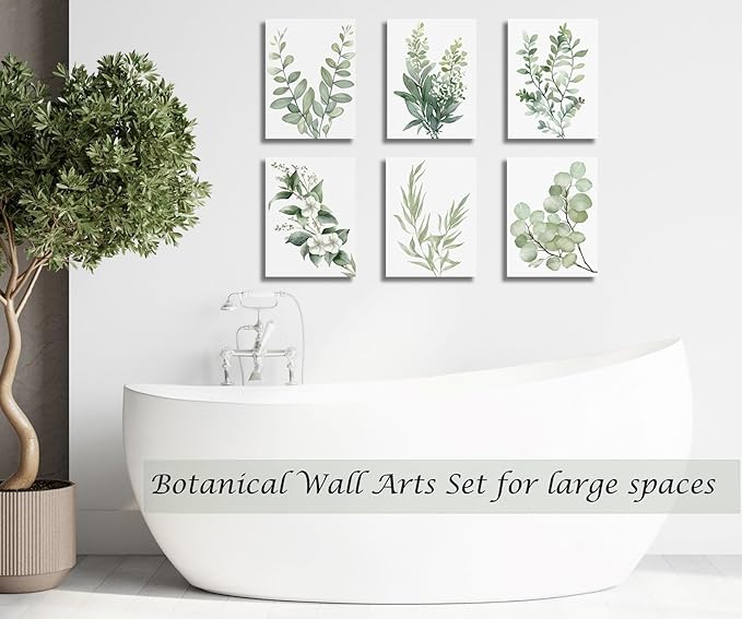 Induslyfe Framed Eucalyptus Sage Green Botanical Plant Wall Art Canvas Decor Set of 6, Nature Wall Art Prints Posters, Flower Wall Art for Bathroom Bedroom Living Room 9x12