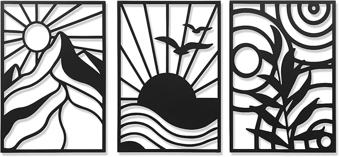 AMAATE Black Metal Wall Art, 3 Pieces Minimalist Geometric Wall Decor, Modern Abstract Line Art Sculpture for Living Room Bedroom Office, Boho Home Decor with Mountain, Sunset, Plant Design 11" X 14.6" in