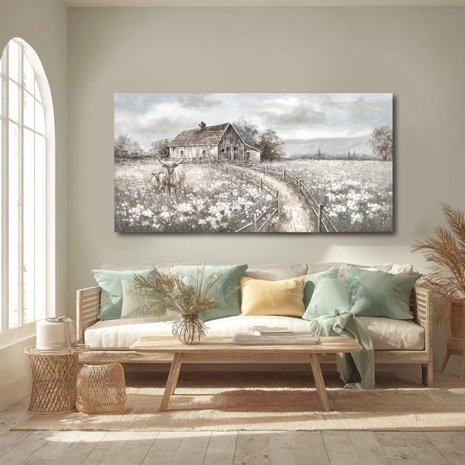 Highland Cow Canvas Wall Art, Neutral Landscape – Rustic Country Cottage with Beige Meadow Flowers, Large Framed Canvas, Ready to Hang, 24x48 Inches