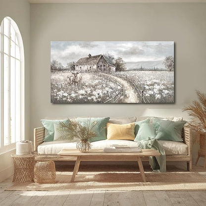 Highland Cow Canvas Wall Art, Neutral Landscape – Rustic Country Cottage with Beige Meadow Flowers, Large Framed Canvas, Ready to Hang, 24x48 Inches