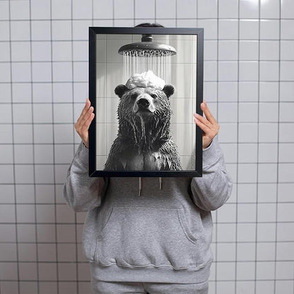 XYHYRA Funny Bear Bathroom Wall Art, Black and White Animal Shower Canvas Print Picture, Cute Bear Taking Bath Poster, Modern Farmhouse Bathroom Restroom Home Wall Decor 16x24 inch Wood Framed