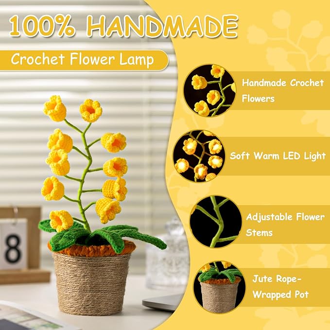 Lily of The Valley Lamp, Yellow Crochet Artificial Flowers with Night Lights, Cordless Table Lamp -Birthday Gifts for Women,Cozy Home Decor Mothers Day Gifts