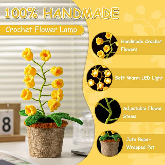 Lily of The Valley Lamp, Yellow Crochet Artificial Flowers with Night Lights, Cordless Table Lamp -Birthday Gifts for Women,Cozy Home Decor Mothers Day Gifts
