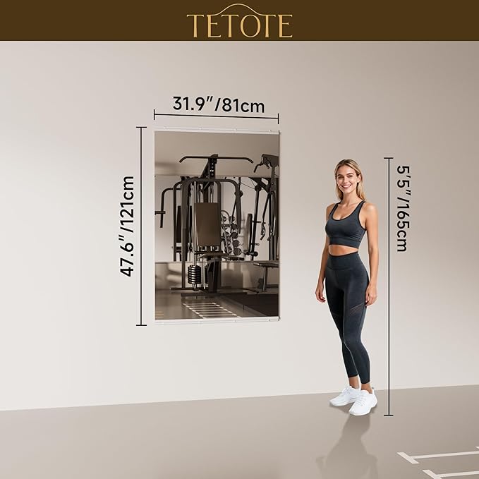 TETOTE Home Gym Mirror for Wall 48" x 32" - 1PC Large Frameless Tempered Glass Workout Exercise Fitness Mirror for Home Gym, Garage, Dance Studio, Yoga, Bedroom, Living Room